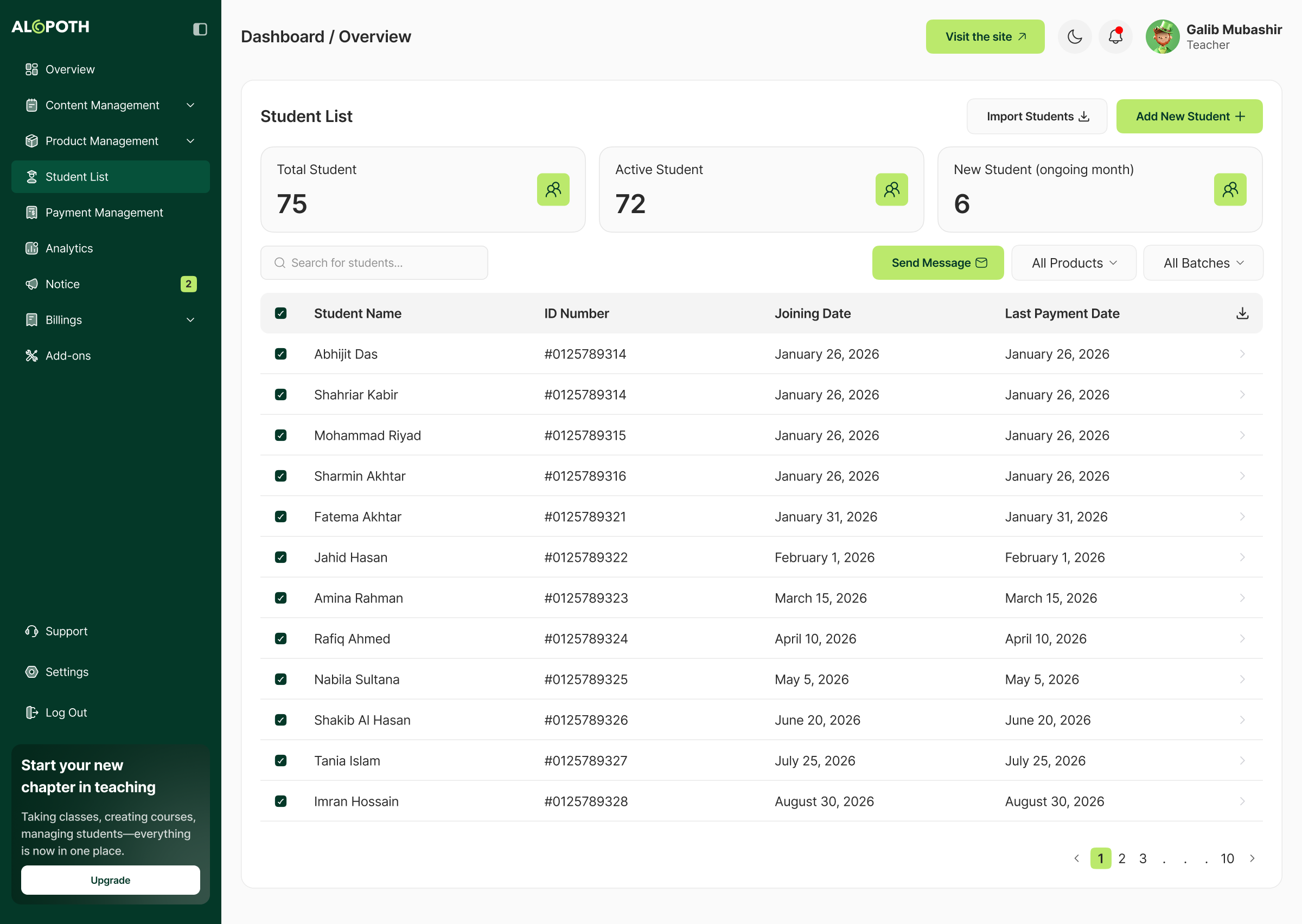 Student list with statistics, search, filters, and messaging
